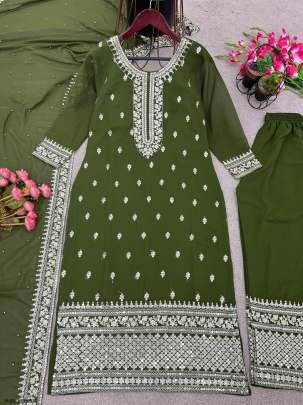 Latest Mehendi Kurti Pant Set With Embroidery Sequence Work