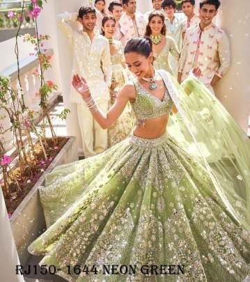 Neon Green Butterfly Net Mirror Sequins Work Lehenga choli With Dupatta