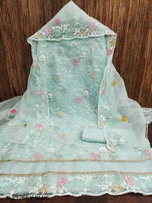 Latest Organza Silk Sky Blue Embroidery Dress Material