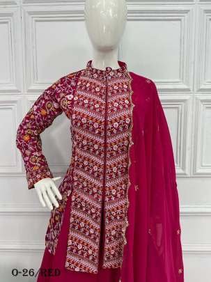 Latest Red Georgette Lehenga With Embroidered Koti and Dupatta