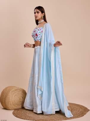 Latest Sky Blue Georgette Lehenga Choli With Semi Stitched