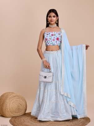 Latest Sky Blue Georgette Lehenga Choli With Semi Stitched