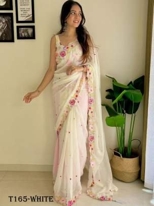 Latest White Georgette With Embroidery Work Saree