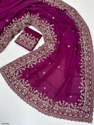 Latest Wine Organza Silk Saree With Golden Embroidery Work