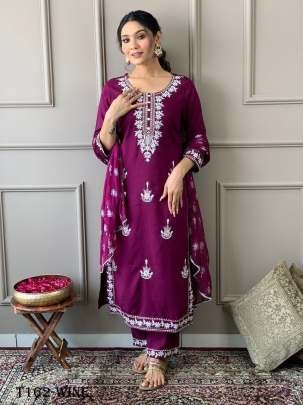 Latest Wine Rayon With Embroidery Work Kurti Pant Set 