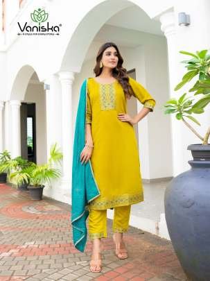 Latest Yellow Roman Silk Batali Kurti Pant Set