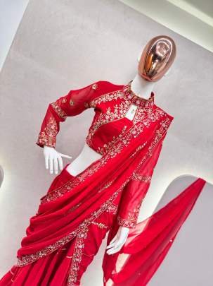 Launching Karwa Chauth Special Red Ready To Wear Saree With Heavy Blouse