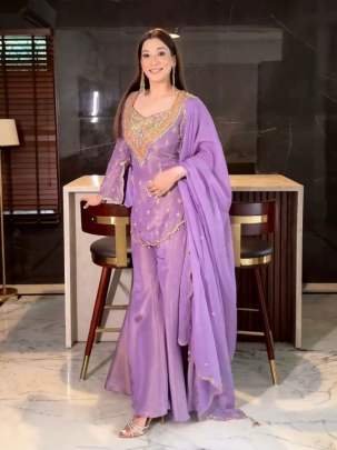 Lavender Embroidered Palazzo Set With Elegent Embroidery Work 