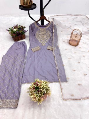 Lavender Embroidered Suit Set with Net Dupatta