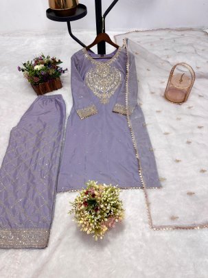 Lavender Embroidered Suit Set with Net Dupatta