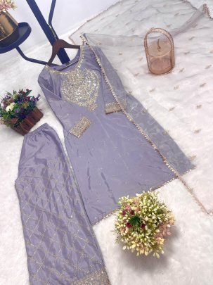 Lavender Embroidered Suit Set with Net Dupatta