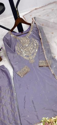 Lavender Embroidered Suit Set with Net Dupatta