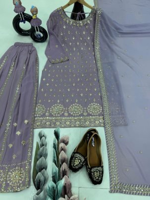 Lavender Georgette Palazzo Suit Set With Sequences Work