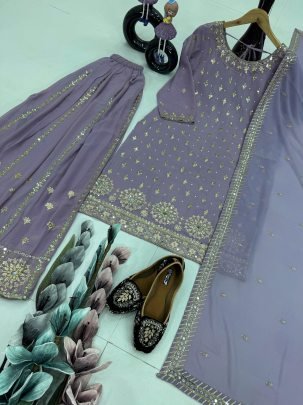 Lavender Georgette Palazzo Suit Set With Sequences Work