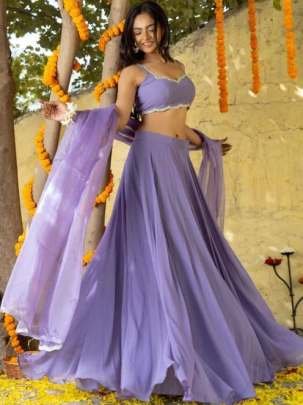 Lavender Plain Lehenga With Sequins Work Choli With Dupatta Set