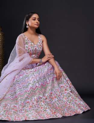 Lavender Silk Blend Sequins Stain Unstich  Lehenga Choli With Dupatta