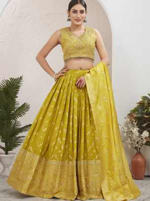 Lemon Yellow Viscose Jacquard Silk Lehenga Choli Set