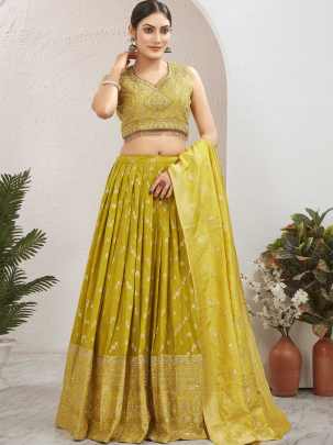 Lemon Yellow Viscose Jacquard Silk Lehenga Choli Set