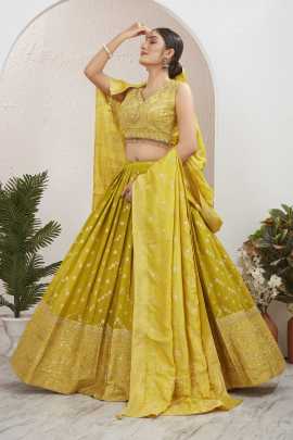 Lemon Yellow Viscose Jacquard Silk Lehenga Choli Set