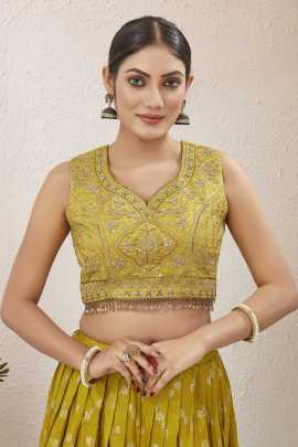 Lemon Yellow Viscose Jacquard Silk Lehenga Choli Set