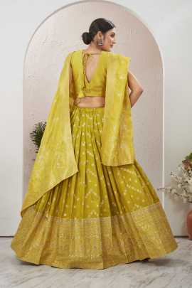 Lemon Yellow Viscose Jacquard Silk Lehenga Choli Set