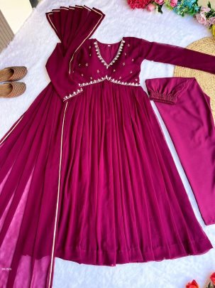 Leo Wine Alia Cut Lights Fox Georgette Party Wear Gown Set with Golden Gotta Lace