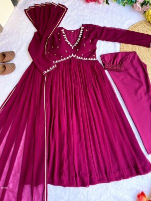 Leo Wine Alia Cut Lights Fox Georgette Party Wear Gown Set with Golden Gotta Lace