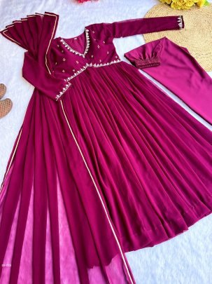 Leo Wine Alia Cut Lights Fox Georgette Party Wear Gown Set with Golden Gotta Lace