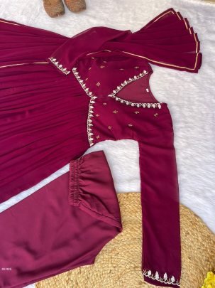 Leo Wine Alia Cut Lights Fox Georgette Party Wear Gown Set with Golden Gotta Lace