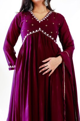 Leo Wine Alia Cut Lights Fox Georgette Party Wear Gown Set with Golden Gotta Lace