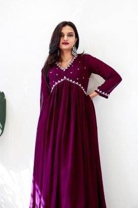 Leo Wine Alia Cut Lights Fox Georgette Party Wear Gown Set with Golden Gotta Lace