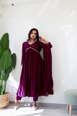 Leo Wine Alia Cut Lights Fox Georgette Party Wear Gown Set with Golden Gotta Lace