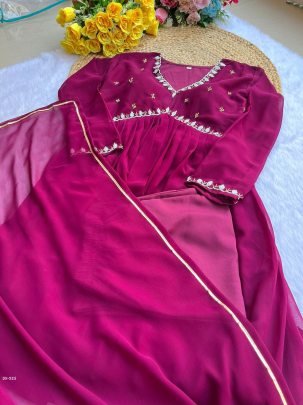 Leo Wine Alia Cut Lights Fox Georgette Party Wear Gown Set with Golden Gotta Lace
