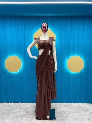 Brown Faux Georgette Ready to wear Sequence Patch Work Saree With Readymade Blouse