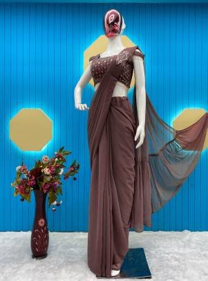 Brown Faux Georgette Ready to wear Sequence Patch Work Saree With Readymade Blouse