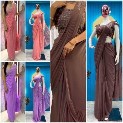 Brown Faux Georgette Ready to wear Sequence Patch Work Saree With Readymade Blouse