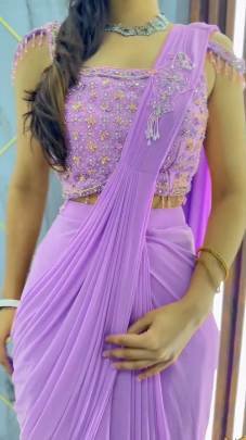 Purple Faux Georgette Ready to wear Sequence Patch Work Saree With Readymade Blouse