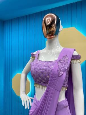 Purple Faux Georgette Ready to wear Sequence Patch Work Saree With Readymade Blouse