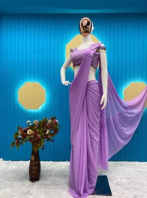 Purple Faux Georgette Ready to wear Sequence Patch Work Saree With Readymade Blouse