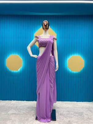 Purple Faux Georgette Ready to wear Sequence Patch Work Saree With Readymade Blouse
