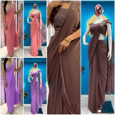 Purple Faux Georgette Ready to wear Sequence Patch Work Saree With Readymade Blouse