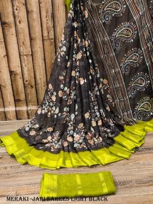 Light Black Color Beautiful Chiffon Jari Sarees with Flower Print