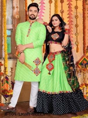 Light Green Cotton Navratri Ladise and Mens Couple Combo