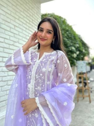 Light Lavender Color Organza Kurti Pant Set by Fab Funda