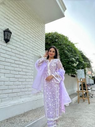 Light Lavender Color Organza Kurti Pant Set by Fab Funda