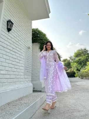 Light Lavender Color Organza Kurti Pant Set by Fab Funda
