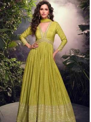 Lime Green Embroidered Anarkali Suit With Net Dupatta