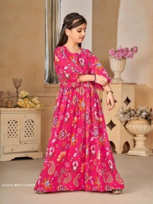 Lucaya Jenny V 2 Pink Kids Girls Printed Anarkali Western Gown