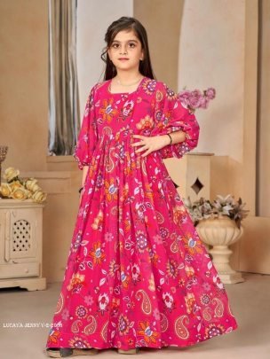 Lucaya Jenny V 2 Pink Kids Girls Printed Anarkali Western Gown