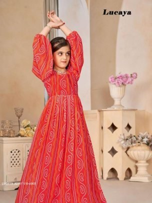 Lucaya Jenny V 2 Red Kids Girls Printed Anarkali Western Gown